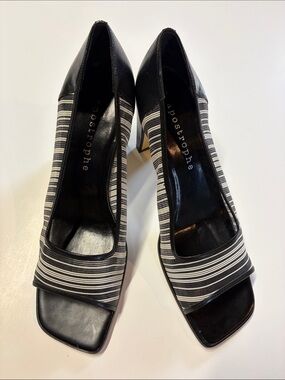 Apostrophe Striped Mesh Leather Heels Black White Square Toe Pumps Size 9.5